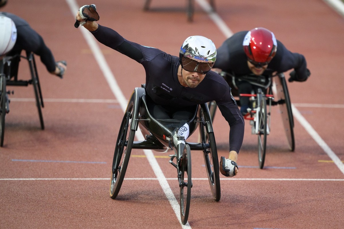 Marcel Hug of Switzerland competes in 1500m Wheelchair Men during the World Athletics Diamond League Athletissima athletics meeting at the Stade Olympique de la Pontaise in Lausanne, Switzerland, Frid ...