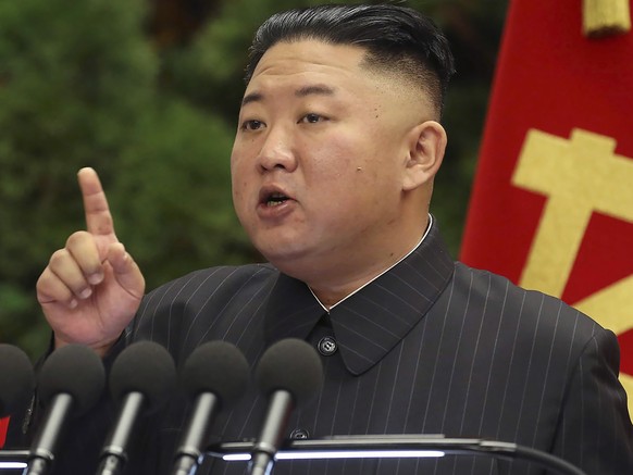 FILE - In this June 29, 2021, file photo provided by the North Korean government, North Korean leader Kim Jong Un speaks during a Politburo meeting of the ruling Workers&#039; Party in Pyongyang, Nort ...