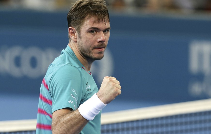 Stan Wawrinka of Switzerland reacts after winning his quarterfinal match against Kyle Edmund of Britain 6-7, 6-4, 6-4, at the Brisbane International tennis tournament in Brisbane, Australia, Friday, J ...