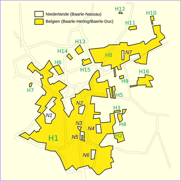 Verrückte Grenzen, Teil I: Sechs Schweizer Grenzfälle
Die Stadt Baarle in Holland und in Belgien hat einen kuriosen und komplizierten Grenzverlauf. Innerhalb belgischem Gebiet der Stadt gibt es sieben holländische Exklaven und innerhalb holländischem Gebiet gibt es 15 belgische Exklaven!

Ein sehr komplizierter Grenzverlauf. 