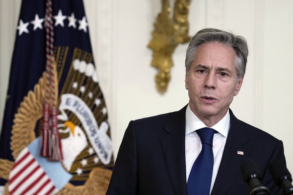FILE - U.S. Secretary of State Antony Blinken speaks at a reception for the Chiefs of Mission in the East Room of the White House in Washington on June 13, 2023.  Blinken and Chinese Foreign Minister Qin Gang…