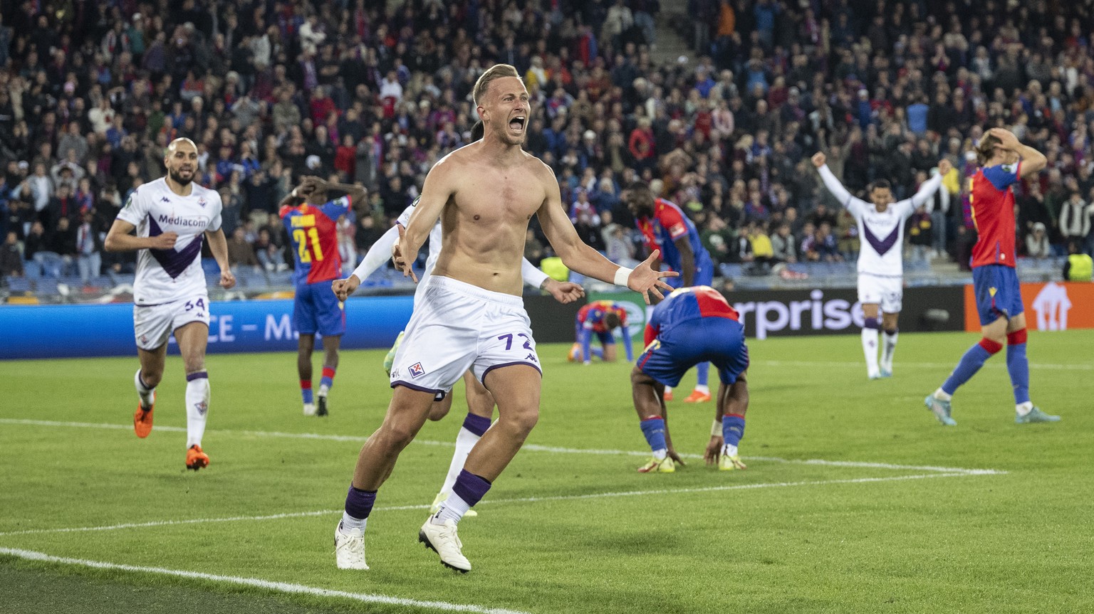 Fiorentina&#039;s Antonin Barak reacts after his goal during the UEFA Conference League semifinal second leg match between Switzerland&#039;s FC Basel 1893 and Italy&#039;s ACF Fiorentina at the St. J ...