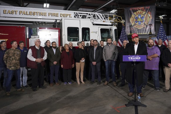 Former President Donald Trump speaks at the East Palestine Fire Department as he visits the area in the aftermath of the Norfolk Southern train derailment Feb. 3 in East Palestine, Ohio, Wednesday, Fe ...