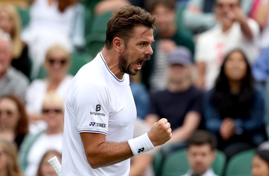 epa11449838 Stan Wawrinka of Switzerland celebrates a point during the Men's 1st round match against Charles Broom of Britain at the Wimbledon Championships, Wimbledon, Britain, 01 July 2024. EPA ...
