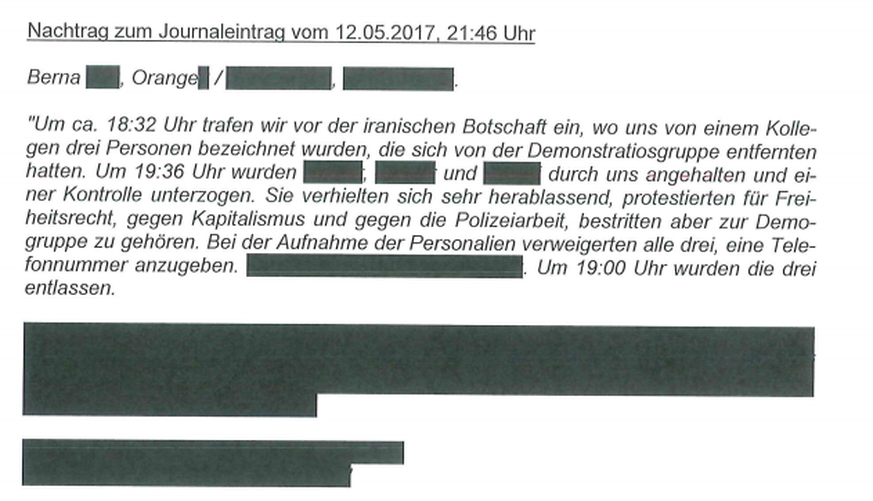 Auszug aus einem Journaleintrag der Kapo Bern