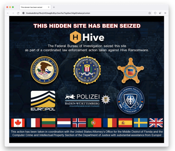 Auf der Darknet-Seite stehen die Logos des US-Justizministeriums, der US-Bundespolizei FBI, des Secret Service, von Europol, der Polizei Baden-Württemberg und der Cybercrime-Einheit des Bundeskriminal ...