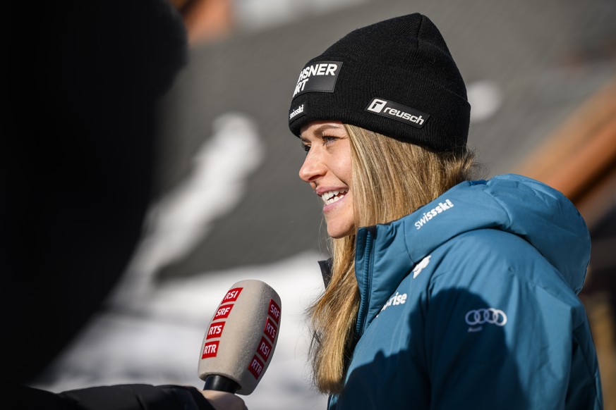 Corinne Suter of Switzerland speaks to journalists during the Swiss-ski federation press conference at the 2023 FIS Alpine Skiing World Championships in Courchevel/Meribel, France, Sunday, February 5, ...