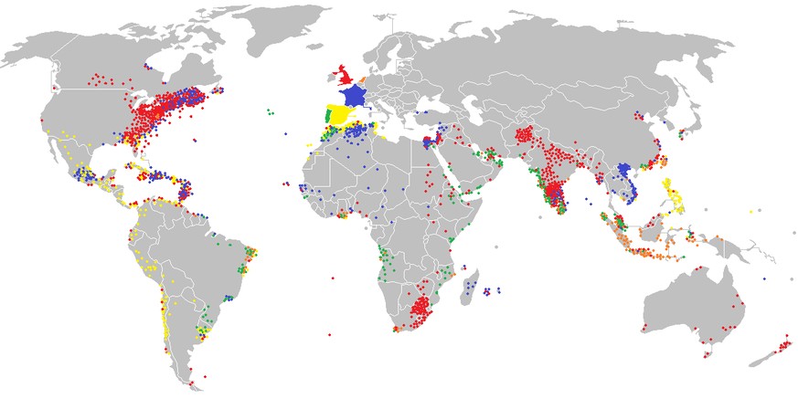 Rot = Grossbritannien; Blau = Frankreich; Gelb = Spanien; Grün = Portugal; Orange = Niederlande.