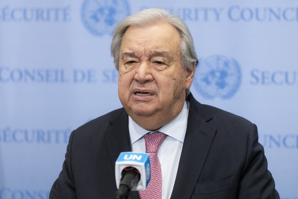epa12018400 United Nations Secretary-General Antonio Guterres delivers a statement about the ongoing humanitarian situation and fighting between Israel and Hamas in Gaza, at the United Nations headqua ...