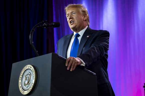 epa07916391 US President Donald J. Trump delivers remarks at Values Voter Summit at the Omni Shoreham Hotel in Washington, DC, USA, 12 October 2019. The appearance at the Summit comes as evangelical l ...