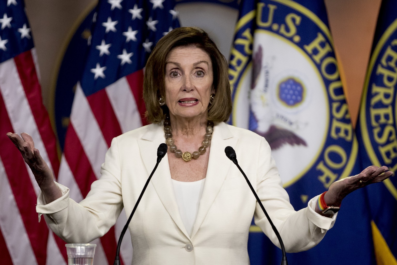 House Speaker Nancy Pelosi of Calif. meets with reporters on Capitol Hill in Washington, Thursday, July 11, 2019. (AP Photo/Andrew Harnik)
Nancy Pelosi