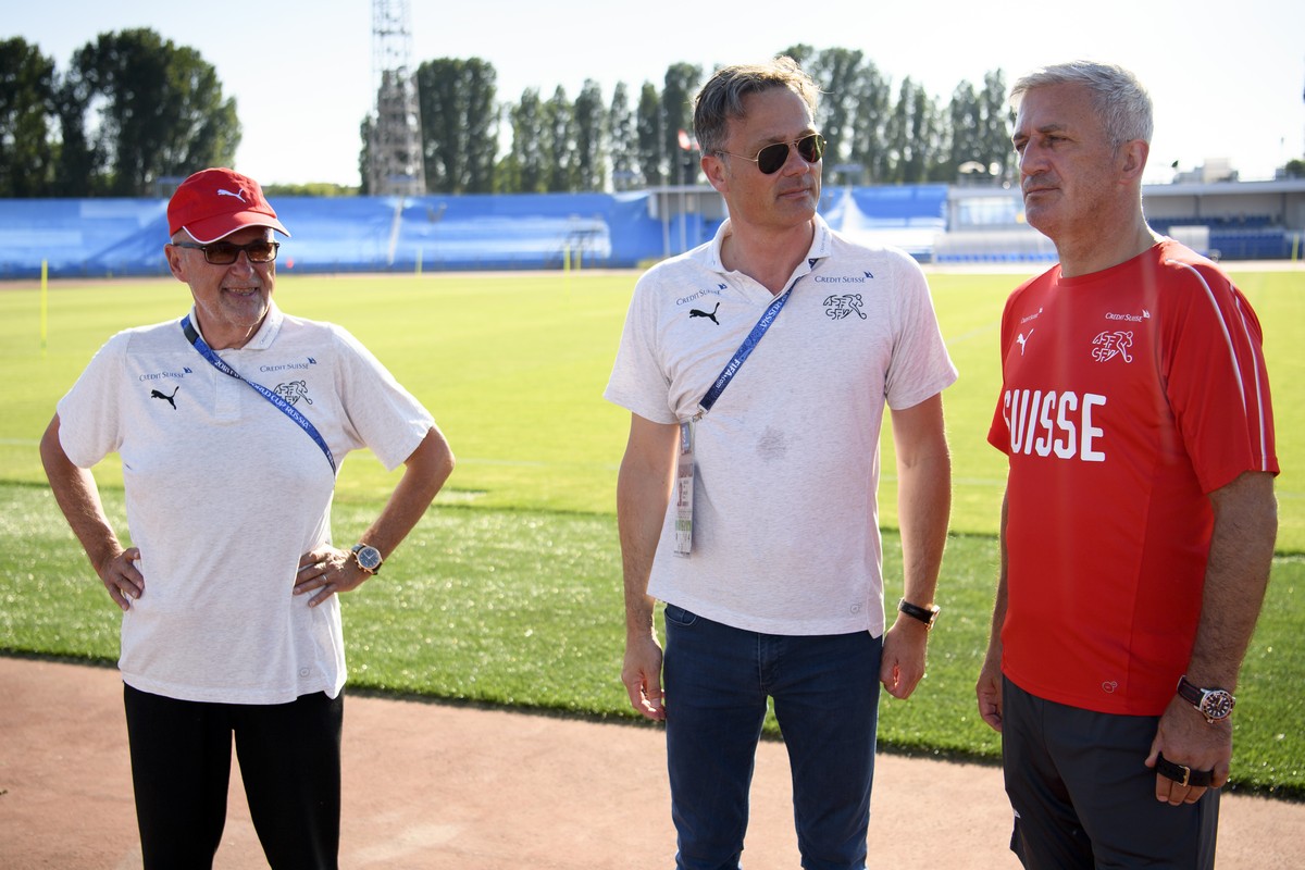 From left, Peter Gillieron, President of the Swiss Football Association, SFV, Alex Miescher, General Secretary of the Swiss Footbal Association, SFA, and Head of Mission and Switzerland's head co ...