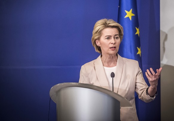 epa07801006 President-elect of the European Commission Ursula von der Leyen speaks during an official visit in Sofia, Bulgaria, 29 August 2019. President of the European Commission Ursula von der Leye ...