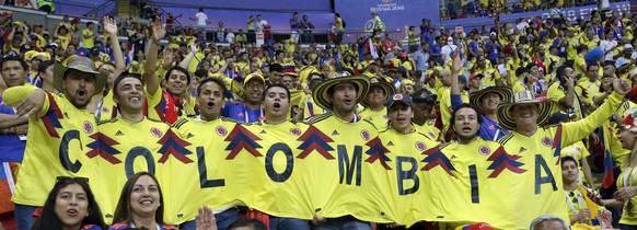 Fans cheers prior to the group H match between Poland and Colombia at the 2018 soccer World Cup at the Kazan Arena in Kazan, Russia, Sunday, June 24, 2018. (AP Photo/Thanassis Stavrakis)