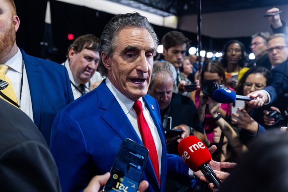 epa11597455 North Dakota Governor Doug Burgum speaks to members of the media ahead of the presidential debate between former US President Donald Trump and current Vice President Kamala Harris in the d ...