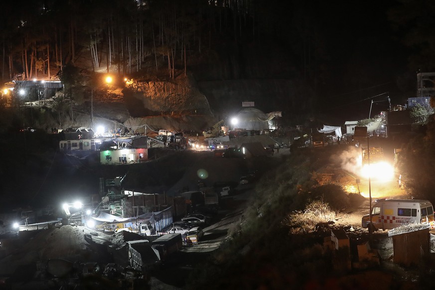 epa10996303 General view of the tunnel that collapsed, in Uttarkashi, India, 26 November 2023. Rescue and relief operations continue for the 41 workers who remain trapped after the under-construction  ...