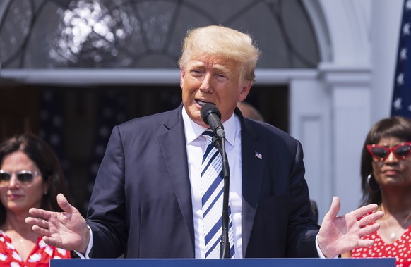 epa09329150 Former US President Donald J. Trump speaks during a press conference at Trump National Golf Club Bedminster in Bedminster, New Jersey, USA, 07 July 2021. At the event, Trump announced plan ...