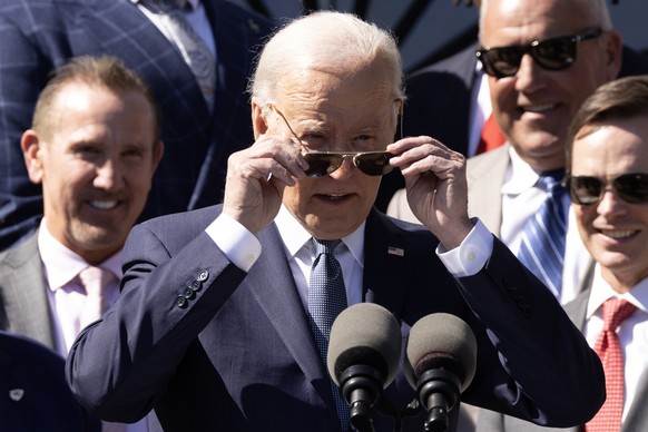 epa11382905 US President Joe Biden (C) attends a ceremony welcoming the Kansas City Chiefs to the White House to celebrate their championship season and victory in Super Bowl LVIII, on the South Lawn  ...