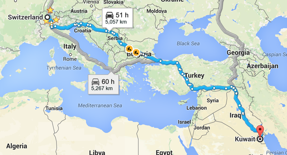 Die bisher zurückgelegte Strecke entspricht ca. dem Weg von der Schweiz nach Kuwait.