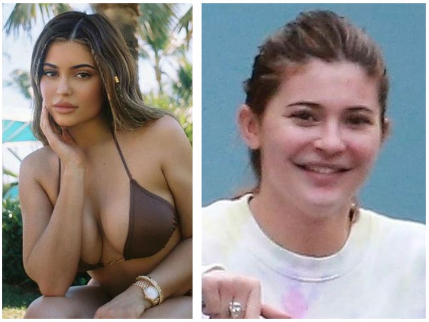 Kaum wiederzuerkennen: Kylie Jenner links geschminkt auf Instagram, rechts ungeschminkt im Real Life.