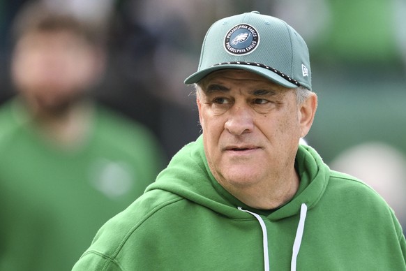 FILE - Philadelphia Eagles defensive coordinator Vic Fangio looks on before an NFL football game against the Dallas Cowboys, Sunday, Dec. 29, 2024, in Philadelphia. (AP Photo/Terrance Williams, File)
