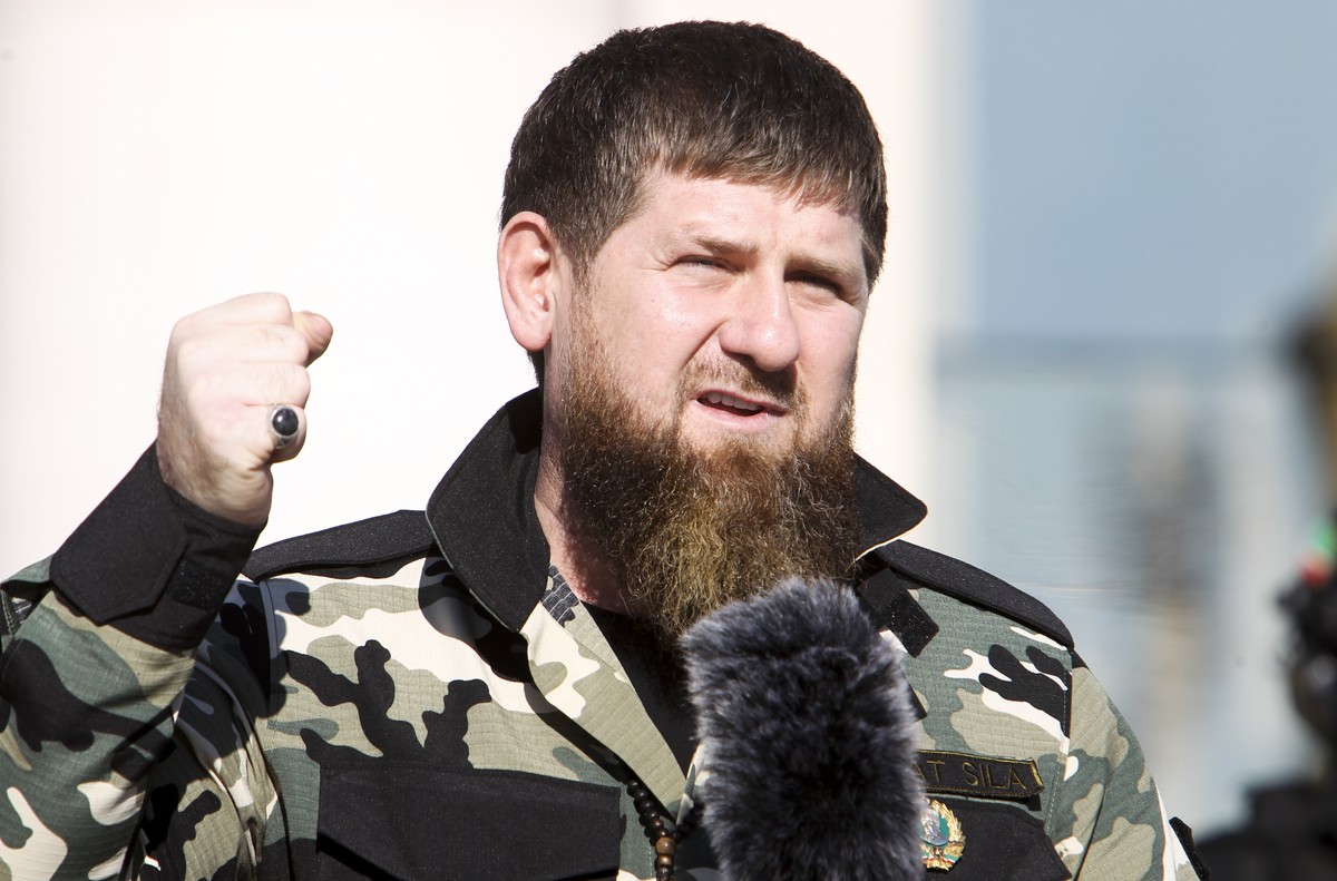 Ramzan Kadyrov, leader of the Russian province of Chechnya gestures speaking to about 10,000 troops in Chechnya's regional capital of Grozny, Russia, Tuesday, March 29, 2022. (AP Photo)