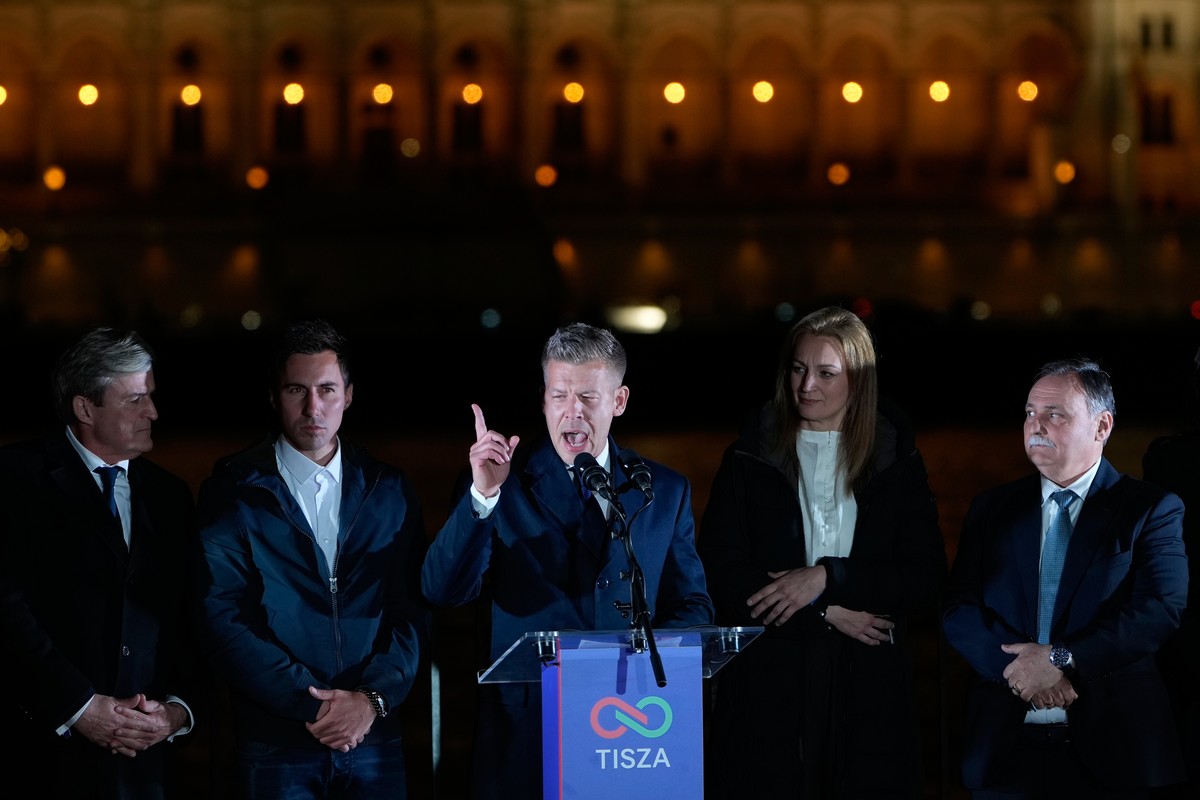Peter Magyar, the leader of the opposition Tisza party addresses after claiming victory in a parliamentary election in Budapest, Hungary, Sunday, April 12, 2026. (AP Photo/Darko Bandic)
Peter Magyar
