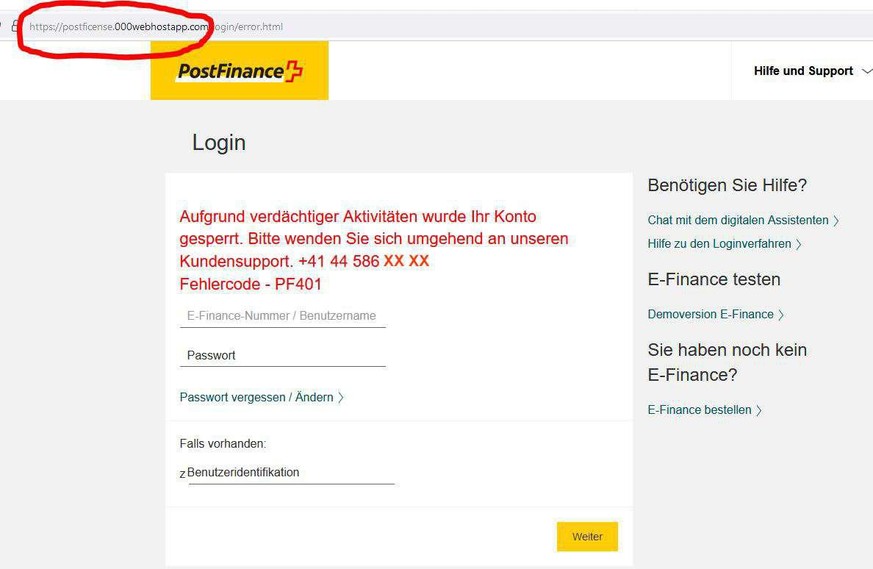 Die gefälschte Login-Seite ist an der Internet-Adresse zu erkennen.