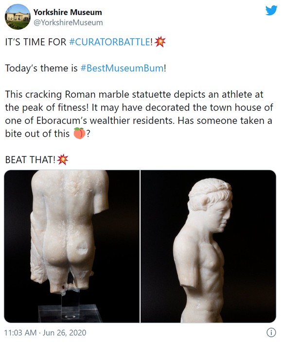 «ES IST ZEIT FÜR DIE #KURATORENSCHLACHT!💥Das heutige Thema ist #BestMuseumBum! Diese grossartige römische Marmorstatue stellt einen Athleten auf dem Höhepunkt seiner Fitness dar! Sie könnte das Stadt ...
