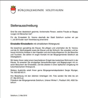 Mit dieser Stellenausschreibung suchte die Bürgergemeinde einen neuen Einsiedler