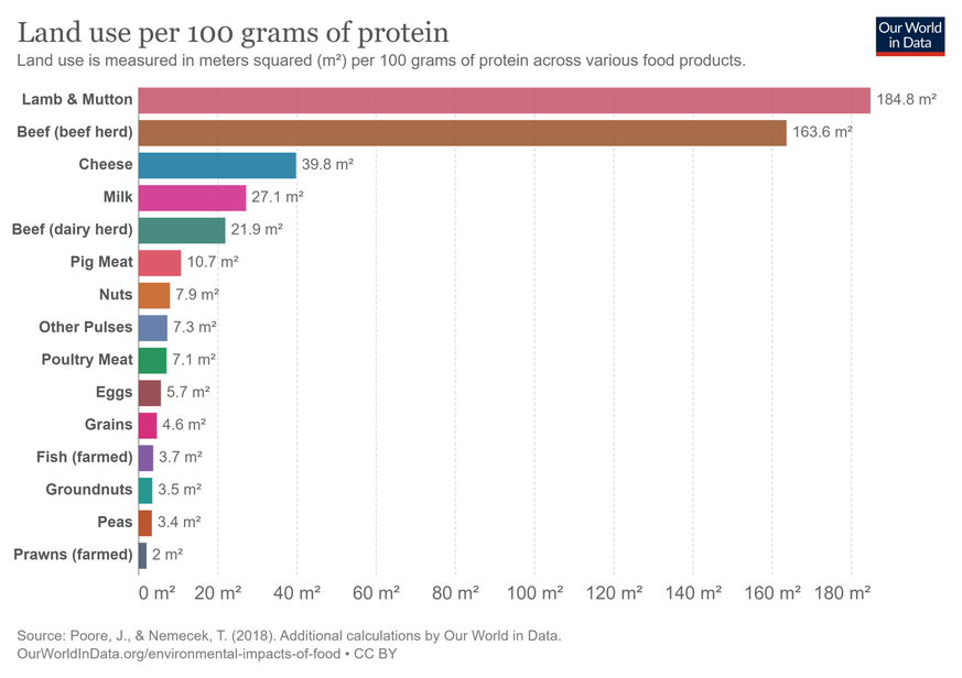 Der Landverbrauch pro 100 Gramm Protein. Mit Shrimps, Bohnen und Nüssen, aber auch mit Eiern und Geflügel kann der Proteinbedarf der Menschheit um ein Vielfaches effizienter gedeckt werden als mit Rin ...