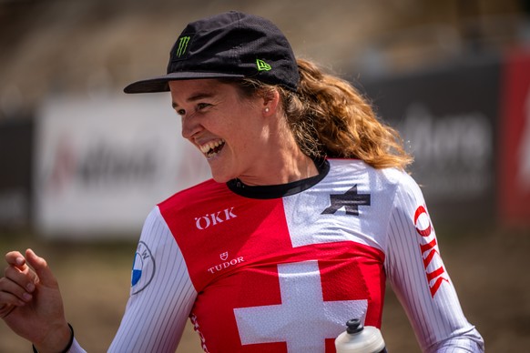 Camille Balanche from Switzerland, after the UCI Downhill, DH, Mountain Bike World Championship, on Saturday, August 31, 2024, in Pal Arinsal, Andorra. (KEYSTONE/Maxime Schmid)
