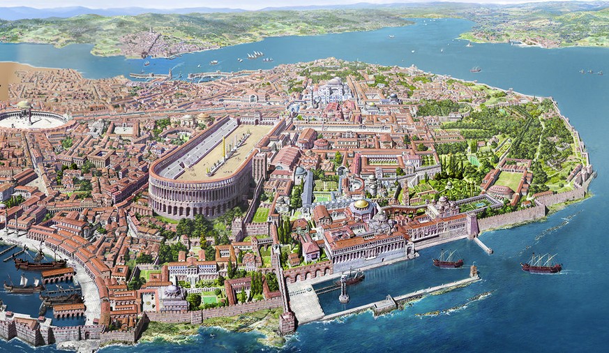Rekonstruktion des Hippodroms in Konstantinopel, das aber seiner Bauform nach ein römischer Circus war.&nbsp;An derselben Stelle liegt heute der Istanbuler&nbsp;Sultan-Ahmed-Platz.