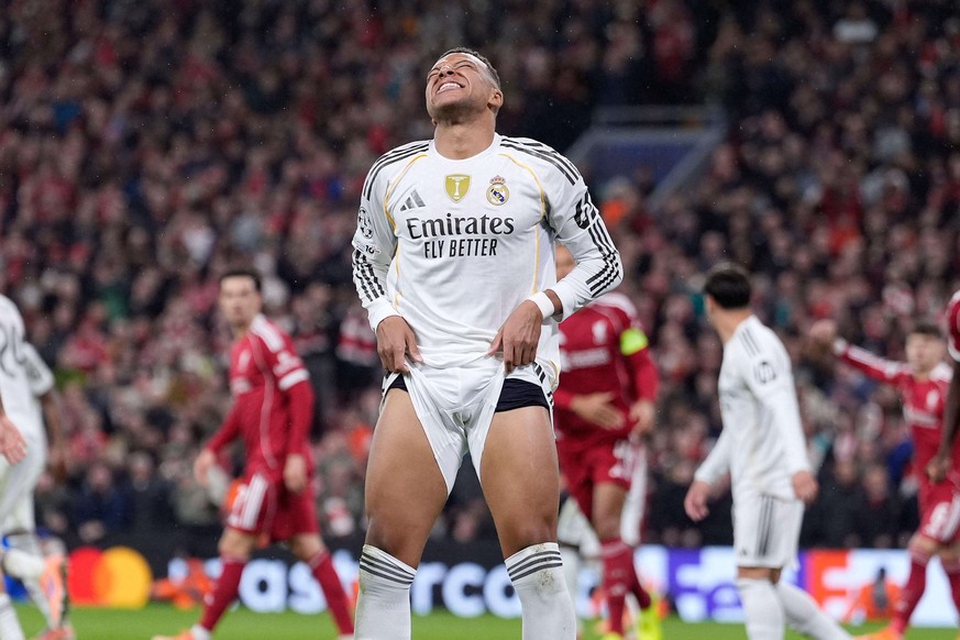 Real Madrid's Kylian Mbappe reacts during the Champions League soccer match between Liverpool and Real Madrid in Liverpool, England, Tuesday, Nov. 4, 2025. (Peter Byrne/PA via AP)
Britain Soccer