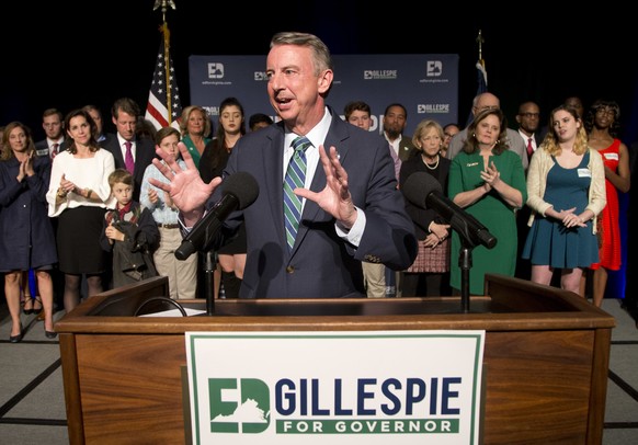 Republican gubernatorial candidate Ed Gillespie gestures as he delivers a concession speech during an election party in Richmond, Va., Tuesday, Nov. 7, 2017. Gillespie lost to Democrat Ralph Northam.  ...