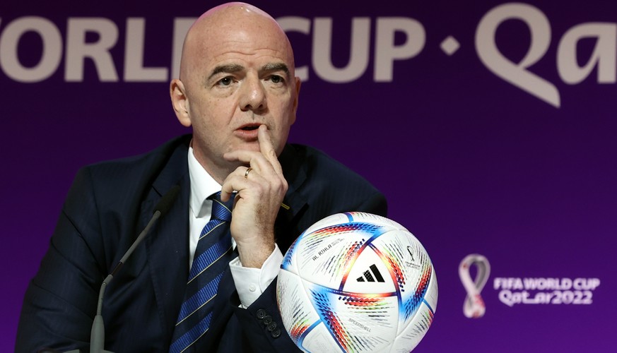 epa10313972 FIFA President Gianni Infantino addresses a press conference in Doha, Qatar, 19 November 2022. The FIFA World Cup Qatar 2022 will take place from 20 November to 18 December 2022. EPA/MOAHA ...