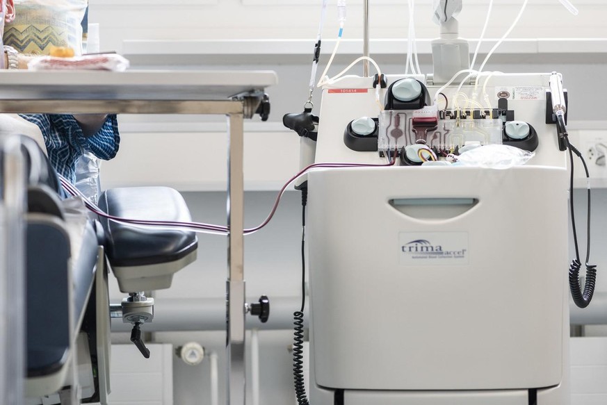 A machine for an apheresis donation, pictured at the blood donation center Berne of the Interregional Blood Transfusion Service SRC, an institution within the Swiss Red Cross (SRC), in Berne, Switzerl ...