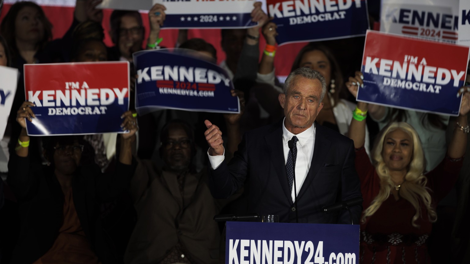 epa10580582 Robert Kennedy Jr addresses the audience as he announces his candidacy for the United States Presidential Elections of 2024, at the Park Plaza Hotel in Boston, Massachusetts, USA, 19 April ...