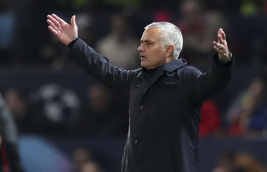 ManU coach Jose Mourinho gestures during the Champions League group H soccer match between Manchester United and Young Boys at Old Trafford Stadium in Manchester, England, Tuesday Nov. 27, 2018. (AP P ...