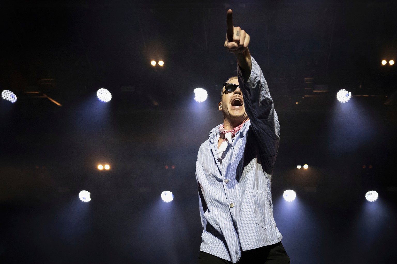 U.S. rapper Macklemore performs on the Main Stage, at the 42th Gurtenfestival edition, in Bern, Switzerland, Wednesday, July 16, 2025. (Anthony Anex/Keystone via AP)
Benjamin Hammond Haggerty,Macklemo ...
