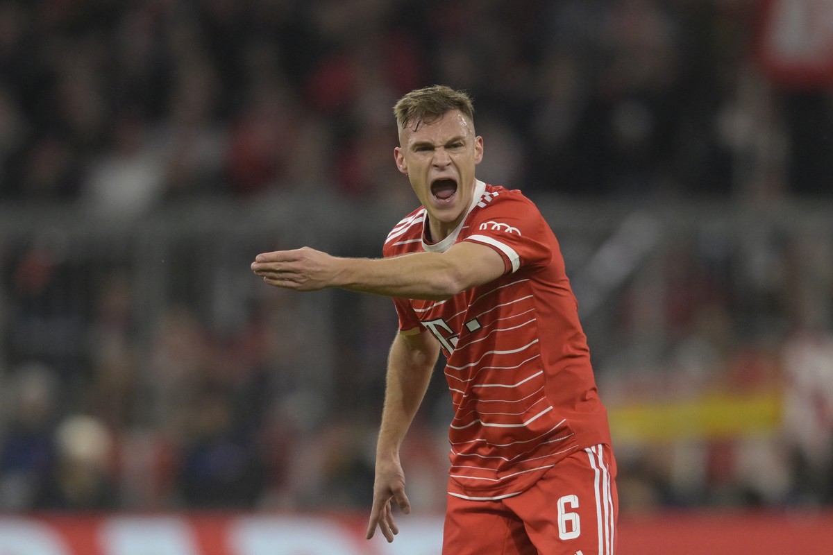 Bayern's Joshua Kimmich reacts during the Champions League round of 16 second leg soccer match between Bayern Munich and Paris Saint Germain at the Allianz Arena in Munich, Germany, Wednesday, Ma ...