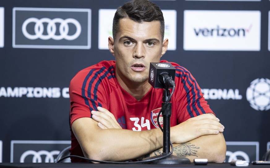 epa07721351 Granit Xhaka of Arsenal FC attends a press conference held the day before their match against FC Bayern Munich at Dignity Health Sports Park in Carson, California, USA, 16 July 2019. EPA/E ...