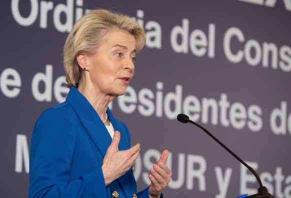 epa11760674 European Commission President Ursula von der Leyen delivers a speech at the Mercosur trade bloc headquarters in Montevideo, Uruguay, 06 December 2024. Von der Leyen will attend the Mercosu ...