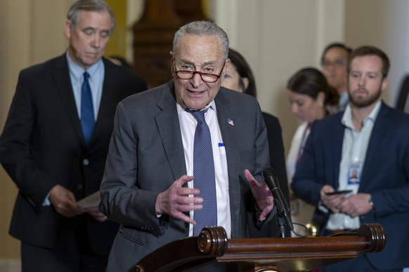 epa12078597 Senate Minority Leader Chuck Schumer responds to a question from the media during a press conference at the U.S. Capitol in Washington, D.C., USA, 06 May 2025. House committees continue th ...