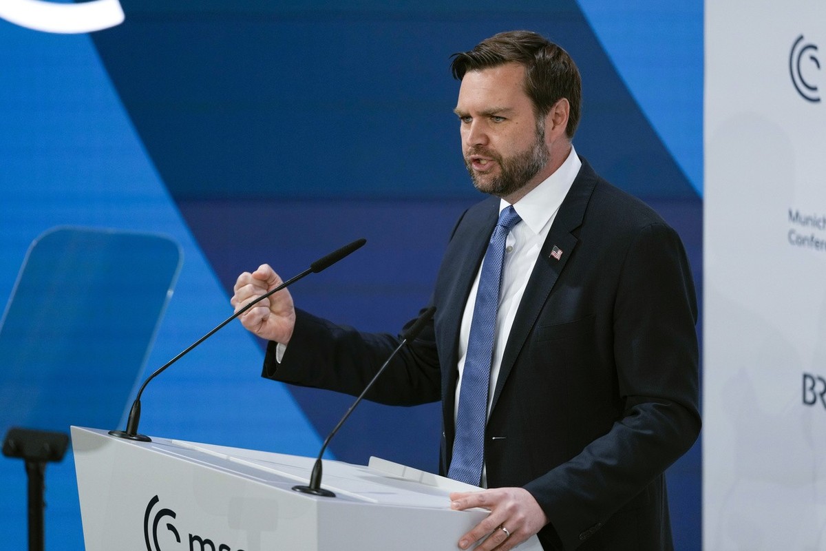 United States Vice-President JD Vance addresses the audience during the Munich Security Conference at the Bayerischer Hof Hotel in Munich, Germany, Friday, Feb. 14, 2025. (AP Photo/Matthias Schrader)