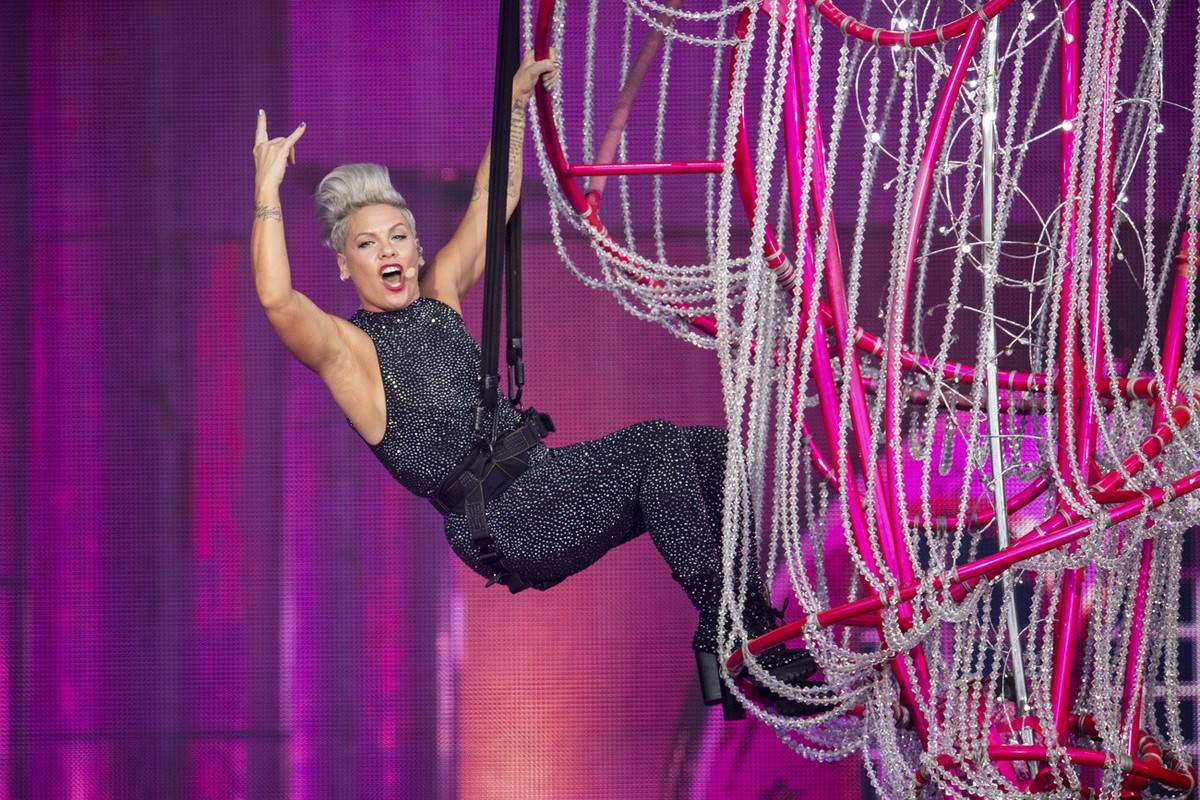 American singer Alecia Beth Moore also known as Pink performs during her ?Beautiful Trauma Tour? at the Letzigrund Stadium in Zurich, Switzerland, Tuesday, July 30, 2019. (KEYSTONE/Ennio Leanza)