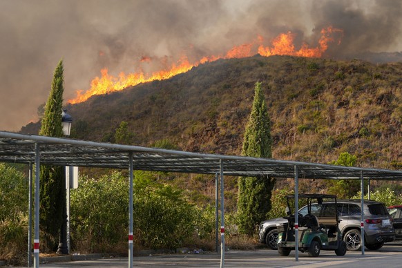 epa13102088 Flames from a wildfire burn through vegetation near Estepona, in the province of Malaga, southern Spain, 09 July 2026 (issued 10 July 2026). A wildfire broke out between the localities of  ...