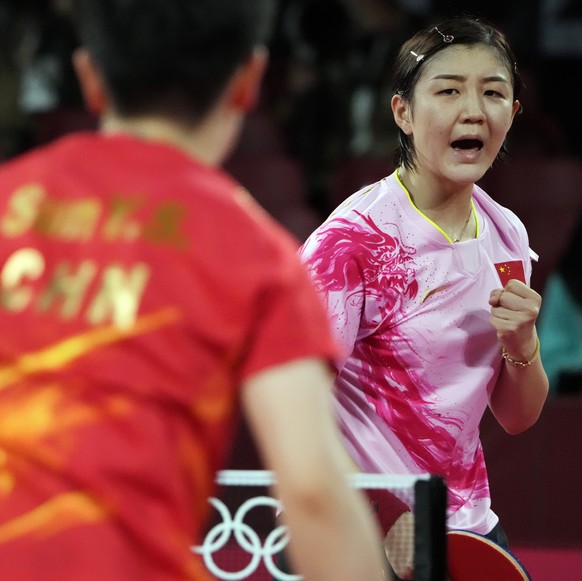 China&#039;s Chen Meng gestures during the gold medal match of the table tennis women&#039;s singles against countrywoman Sun Yingsha at the 2020 Summer Olympics, Thursday, July 29, 2021, in Tokyo. (A ...