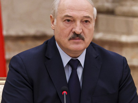 Belarusian President Alexander Lukashenko speaks during an expanded meeting of the Constitutional Commission in Minsk, Belarus, Tuesday, Sept. 28, 2021.The authoritarian leader of Belarus announced a  ...