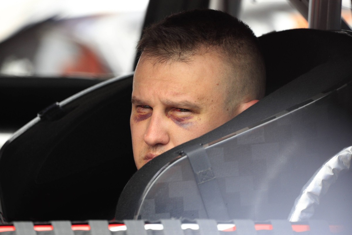 DARLINGTON, SC - SEPTEMBER 02: Ryan Preece 41 Stewart Haas Racing HaasTooling.com Ford sits in his race car with 2 black eyes from last weeks crash during qualifying for the NASCAR, Motorsport, USA Cu ...